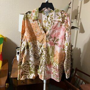 Women’s Plus Sz. 2X Caribbean Joe Button-Up Adjustable Long Sleeve Floral Shirt